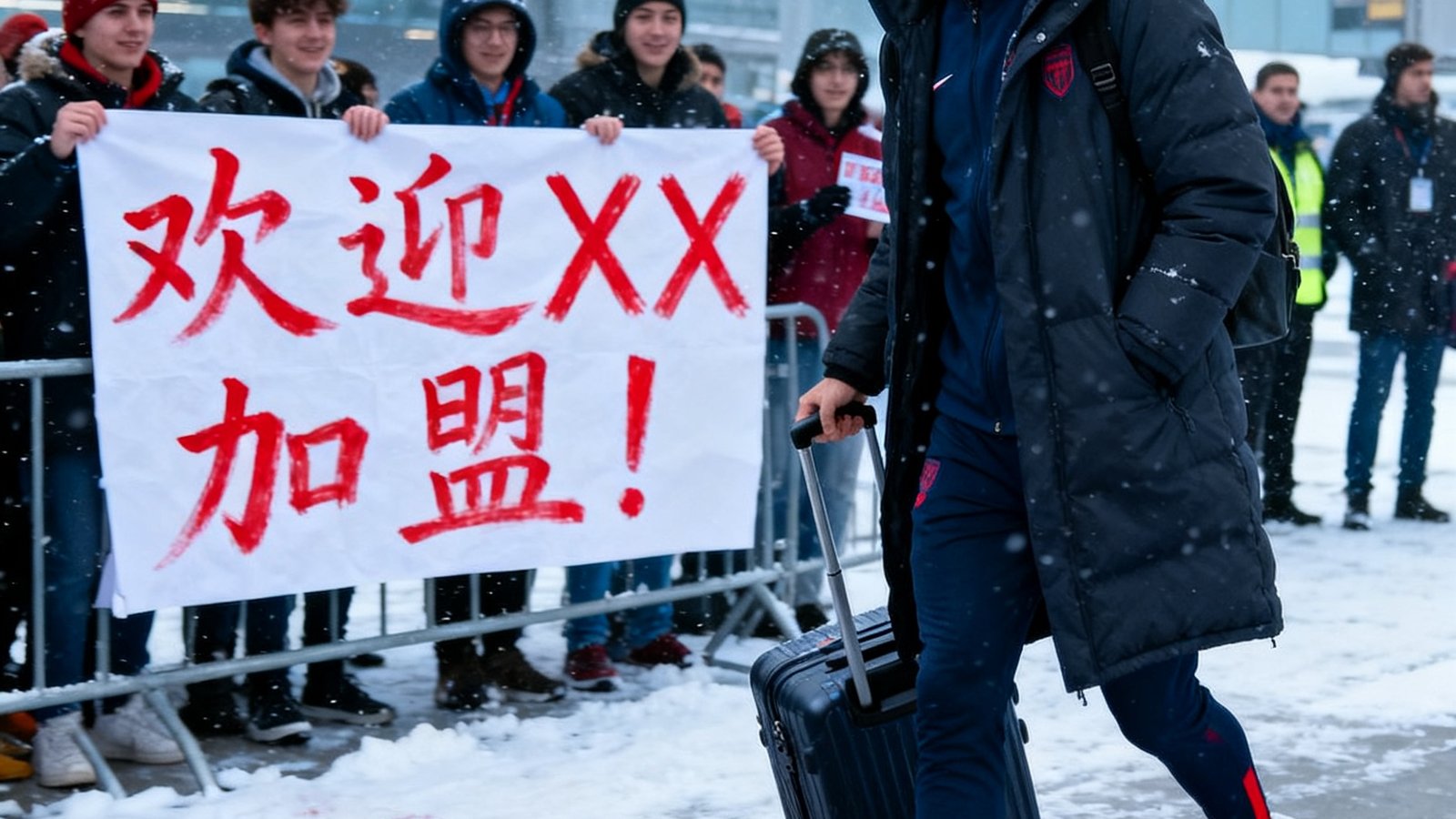 冬季转会窗口期间的新闻配图，一名球员在机场抵达的照片，背景有球迷举着欢迎标语
