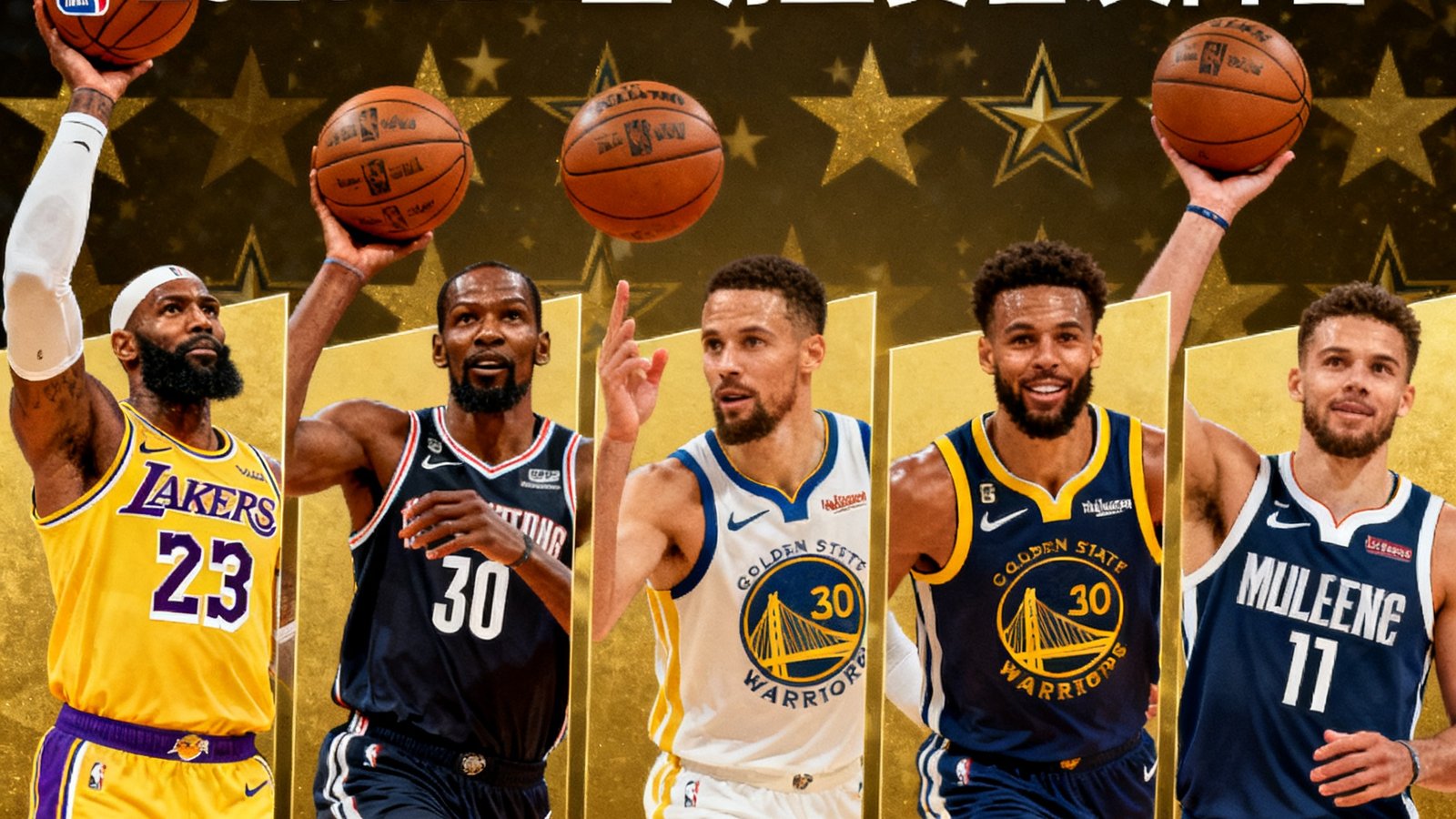 NBA全明星赛首发阵容公布的新闻配图，五位球星的海报拼贴，背景是金色星星和全明星标志