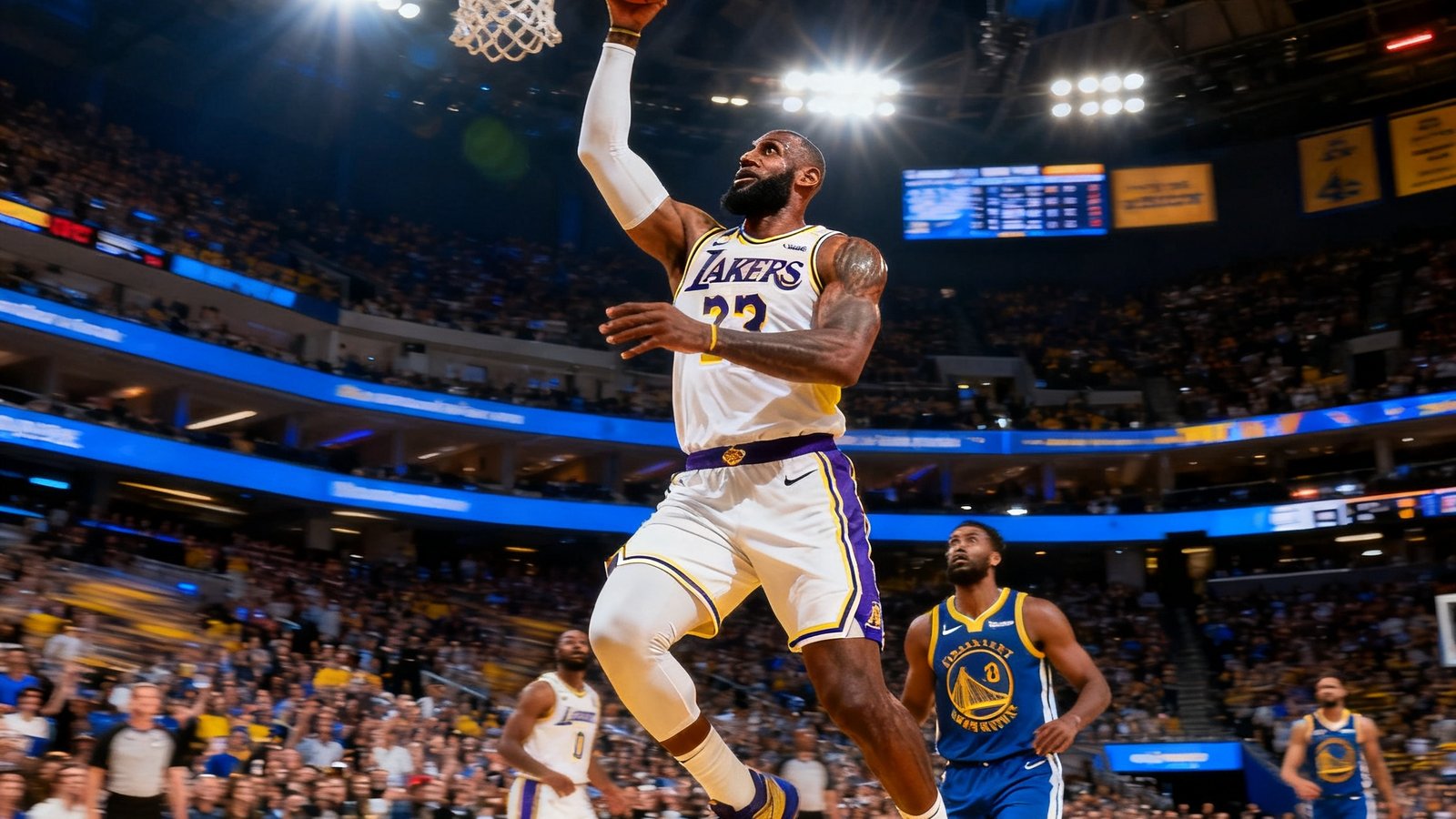 湖人队对阵勇士队的NBA比赛精彩回放封面，詹姆斯突破上篮的动作瞬间，球馆内灯光璀璨观众席座无虚席