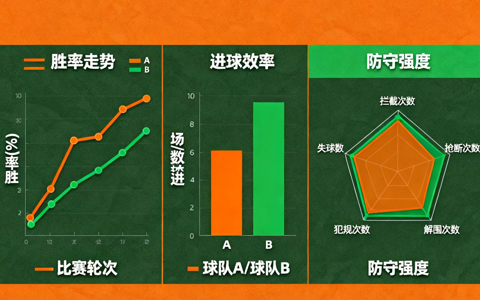 一张展示球队近期状态趋势的数据分析图表，包含胜率走势、进球效率对比和防守强度雷达图，使用橙色和绿色区分两支球队的数据曲线