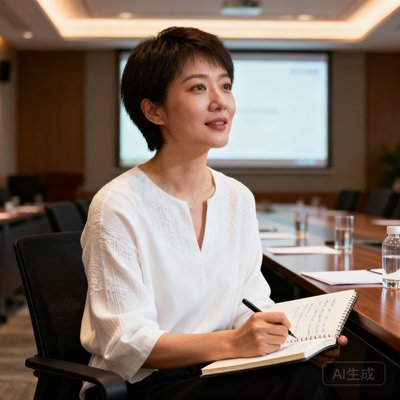 球迷网产品总监王晓婷的肖像照，她留着短发穿着白色上衣，坐在会议室中记录用户反馈笔记